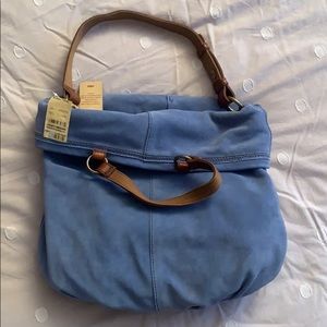 New lucky brand blue fold over suede tote bag